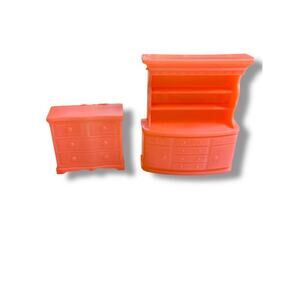 Vintage Pink Plastic Miniature Dollhouse Dresser and China Hutch